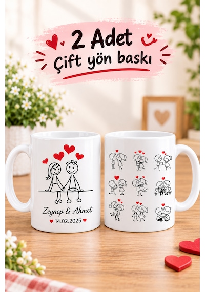 Çizgi Karakterli Sevgili Kupası Çiftler İçin Kişiye Özel İsim Ve Tarih Baskılı Söz Nişan Düğün Yıl Dönümü Kupa Bardak Hediyesi Beyaz