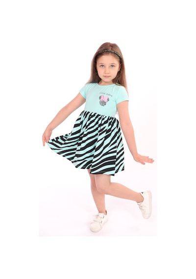 Toontoy Kız Çocuk Little Yazılı Etek Kısmı Zebra Desen Baskılı Elbise Mint Yeşili