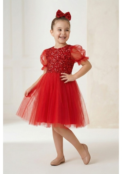 Mnk Baby & Kids Balon Kol Pul Payet Kız Çocuk Tütü Elbise M00751 Kırmızı