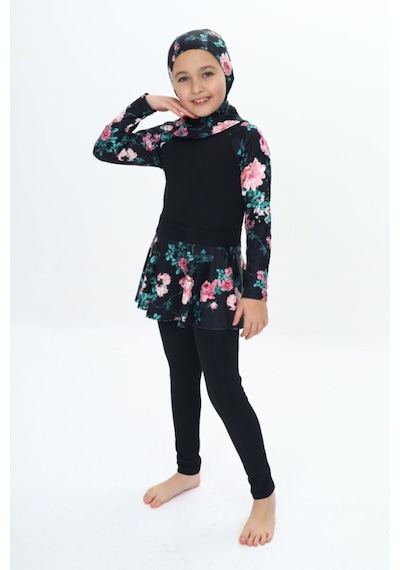 My Kids Wear Üç Parça Kız Çocuk Haşema, Tesettür, Etekli, Kapalı Mayo Mercan - Pembe