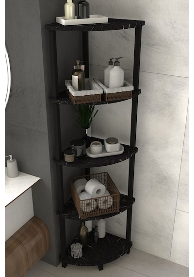 Decoline Banyo Rafı 5 Katlı Moblen Modern Organizer Depolama Ünitesi-beyaz Siyah Mermer Desen