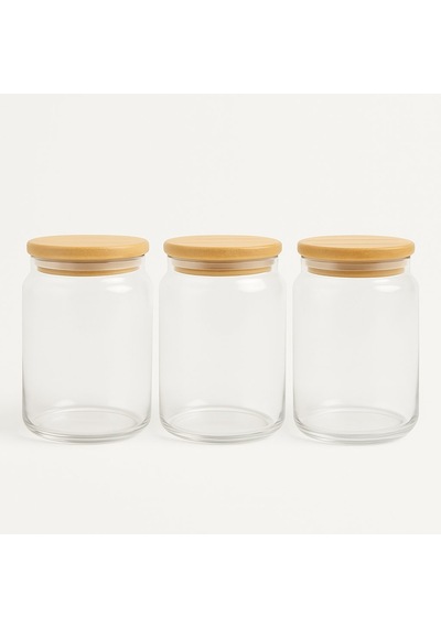 3'lü Set Bambu Kapaklı Orta Boy Vakumlu Cam Baharat Takımı - 3 X 700 Ml. Ahşap - Şeffaf