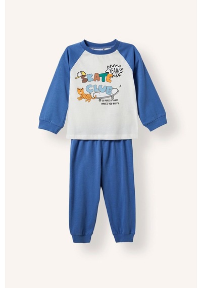 Defacto Baskılı Uzun Kollu Üst Elastik Bel Alt 2li Pijama Takımı Erkek Bebek H6538a526aube358 Mavi-be358