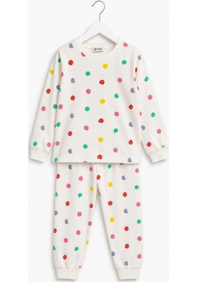Koçak Kız Çocuk Pijama Takımı Renkli Puantiyeli Ekru