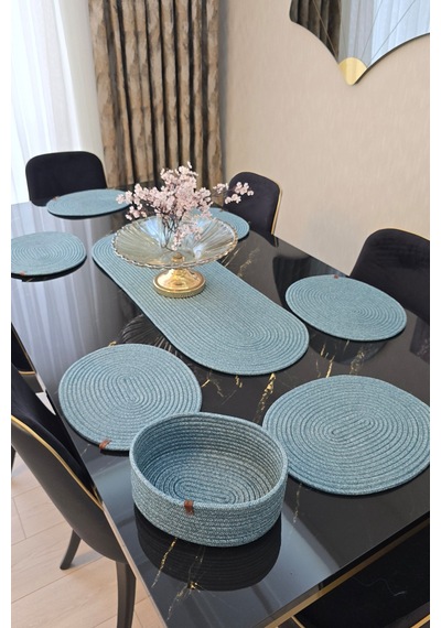 6 Lı Oval Supla 1 Runner 1 Dekoratif Ekmek Sepeti Seti Desenli Sunumluk Yemek Takımı Turkuaz