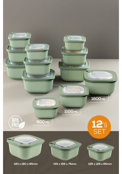 Vienev Mikrodalga Ve Difrize Uygun Vip Kapaklı Özel Saklama Kabı Seti Yeşil 12'li 4 x 600 -1100 - 1800 ML Yeşil
