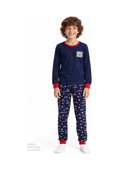 Penti Erkek Çocuk Lacivert Follow The Train Pamuklu Uzun Kollu Pijama Takımı