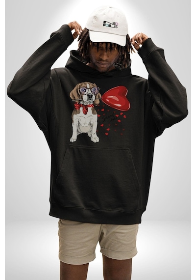 Poodle Ve Beagle Sevililer Günü Hediyesi Kadın Erkek Siyah Kapüşonlu Sweatshirt Hoodie Siyah