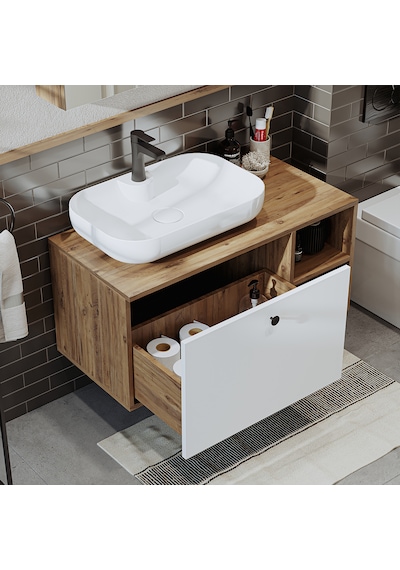 "lavabolu" Mdf 95 Cm Çekmeceli Lotus Oval Lavabolu Banyo Dolabı Atlantik Çam - Beyaz "lavabolu" Mdf 95 Cm Çekmeceli Lotus Oval Lavabolu Banyo Dolabı Atlantik Çam - Beyaz