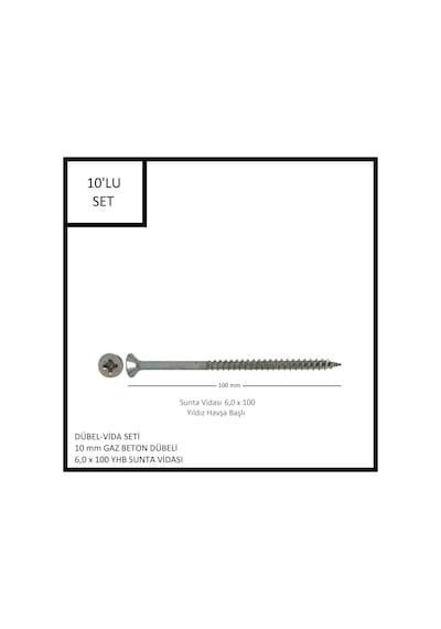 Dübel-vida Seti, Gaz Beton Ytong Dübeli 10 Mm, 6,0x100 Yhb Sunta Vidası, 10 Adet