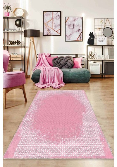 Pembe Modern Klasik Kaymaz Tabanlı Dekoratif Halı Ar551n11