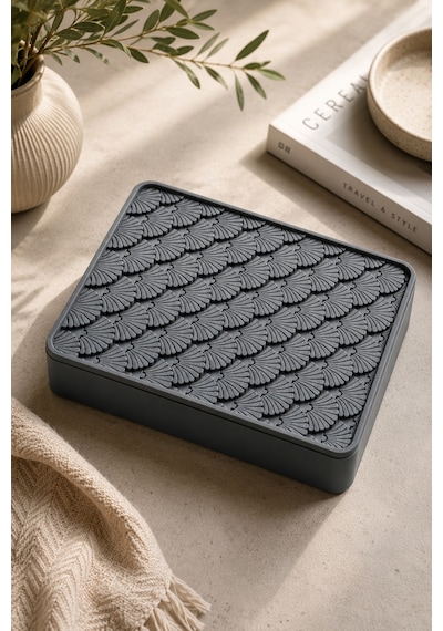 Desenli Kapaklı Dekoratif Kutu Masa Üstü Organizer Takı Aksesuar Saklama Kutusu Pla 20x12.5 Cm Gri