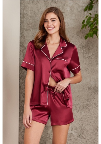 Pierre Cardin Saten Biyeli Pijama Şort Takımı Bordo 1205 001