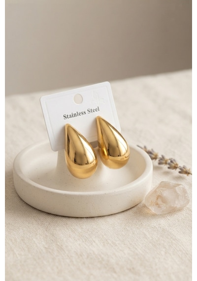 316l Çelik Gold Renk Damla Model Küpe Açık Gold