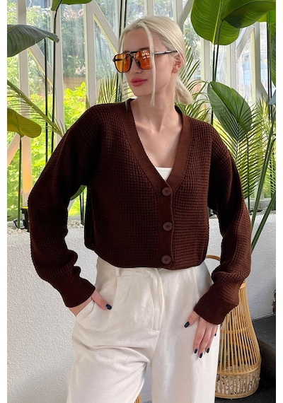 Madmext Kahverengi Uzun Kollu Düğmeli Crop Hırka Mg2198 Kahverengi