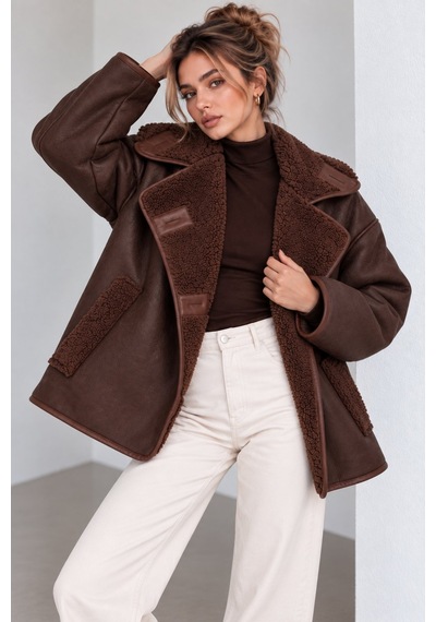 Lima Kahve Kadın Oversize Peluş Detaylı Süet Mont Kürk Yakalı Kışlık Ceket