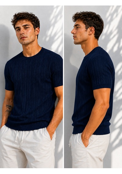 Ribana Erkek Bisiklet Yaka Kısa Kollu Esnek Örme Triko T-shirt 26091 Lacivert