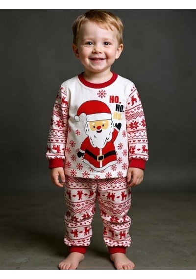 Zekids Çocuk Pamuklu Yılbaşı Temalı Noel Baba Baskılı Pijama Takımı-16589 Renklı
