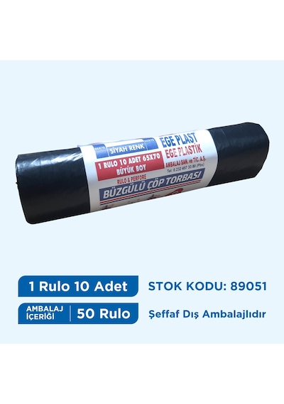 Çöp Torbası Büyük Boy Büzgülü Siyah Hışır 65X70 Koli 50 Rulo