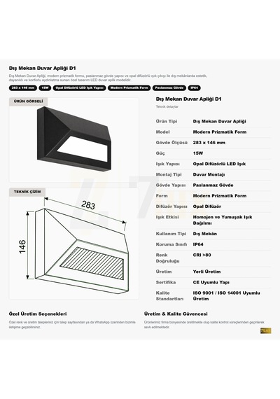 7lux Prizmatik Siyah Dış Mekan Led Duvar Apliği Opal Difüzörlü Ip64 3000k