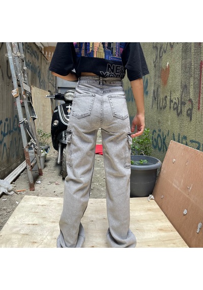 Kadın Gri Kargo Cepli Palazzo Jeans Gri