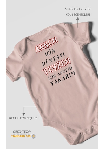 Annem İçin Dünyayı Teyzem İçin Annemi Yakarım Baskılı Bebek Zıbını %100 Pamuk Kısa Kol Pastel Pembe