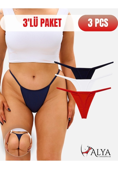 Alya Underwear Kadın İpli Tanga Külot – 3’lü Paket (Lacivert,Beyaz,Kırmızı) |1301-T0201