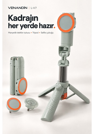 L-v7 Manyetik Bluetooth Kumandalı Tripod Selfie Çubuğu 64 Cm, 3 Ayaklı, 2 Kg Taşıma - Siyah Yeşil