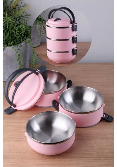 3 Katlı Vakumlu Yemek Termosu 3lü Sefer Tası Freshbox Serisi Pembe Açık Pembe