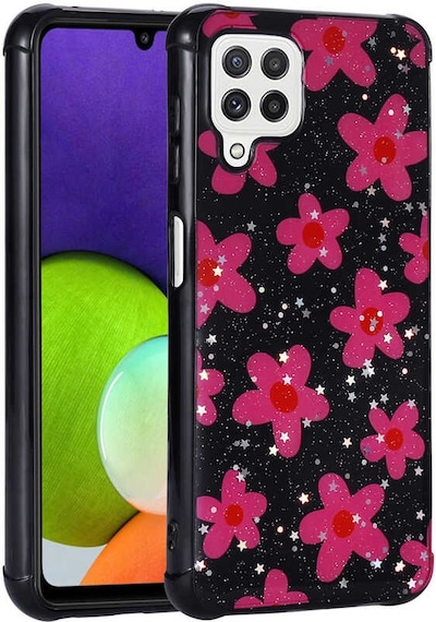 Zore Galaxy Uyumlu M32 Kılıf Simli Desenli Kamera Korumalı Parlak Popy Kapak - Çiçek Çiçek