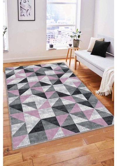 Pembe Geometrik Kaymaz Taban Makinede Yıkanabilir Halı Pr06n11