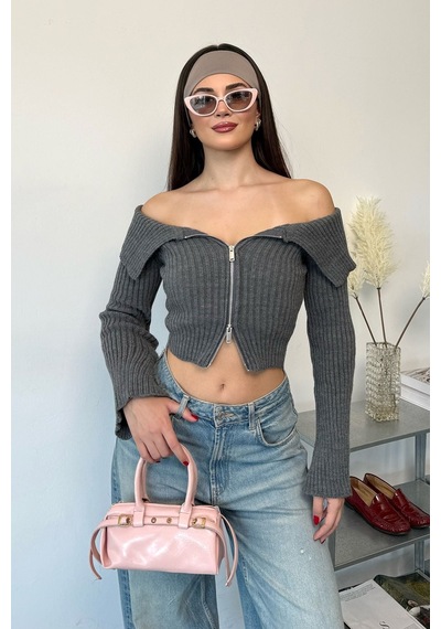 Jee Lee Kadın Madonna Yaka Fermuarlı Hırka Antrasit- 27k 2603
