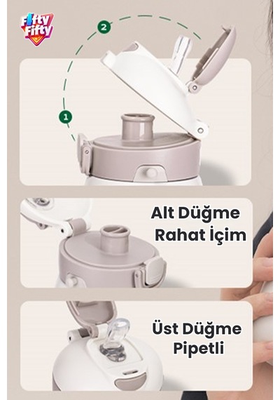 Dıller 420 Ml Pipetli/pipetsiz Tek Kapak Çift Kullanım Askılı Çelik Termos Su Matarası 6 Saat Sıcak/soğuk Pudra