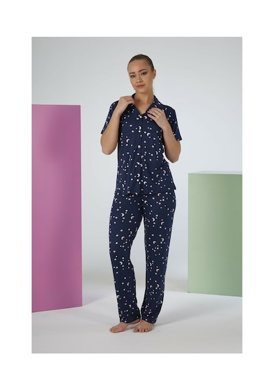 Estiva Kadın Gece Desenli Lacivert Kısa Kollu Önden Düğmeli Soft Pijama Takımı Çok renkli