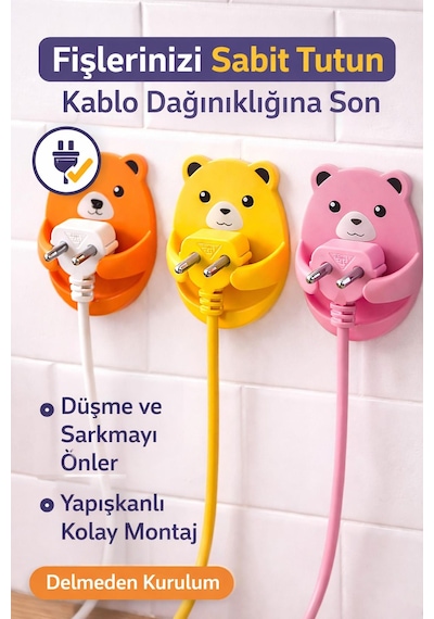 4'lü Yapışkanlı Ayı Desenli Kablo Organizeri Fiş Askısı Priz Düzenleyici - Kablo Bağları