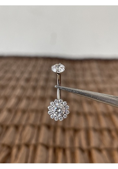 Gerçek Titanium G23 Çiçek Zirkon Titanyum Göbek Piercing Gümüş
