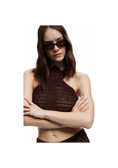 Koton Halter Yaka Slim Fit Nakışlı Kroşe Crop Bluz Kahverengi 5sal30002ht Kahve