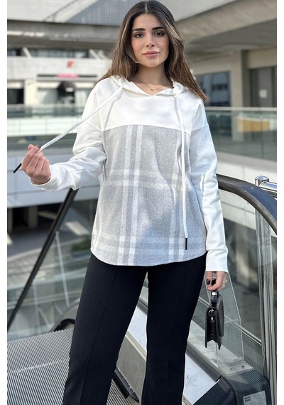 Kadın Ekru & Gri Ekose Garnili, Rahat Kesim, Kapüşonlu İki İplik Sweatshirt Gri