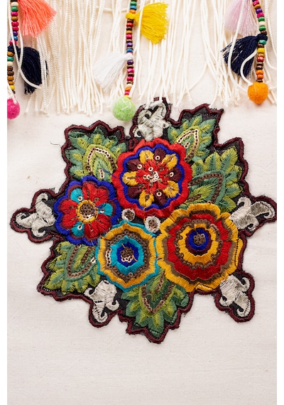 Fabric Craft Bag Omuz Çantası Bohem Nakışlı Püsküllü Pamuklu Krem 45x35 Krem