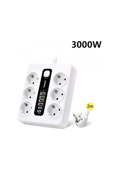 Hp-h04 Termal Akım Korumalı 3000w 3.6 Amper 6 Lı Priz 2 Metre Uzatma Kablosu Çoklu Priz 4 Usb 2 Type C Pd Girişli H Standart