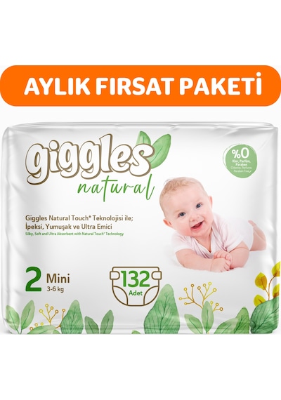 Giggles Natural 2 Numara Mini Pamuklu Bebek Bezi 132 Adet