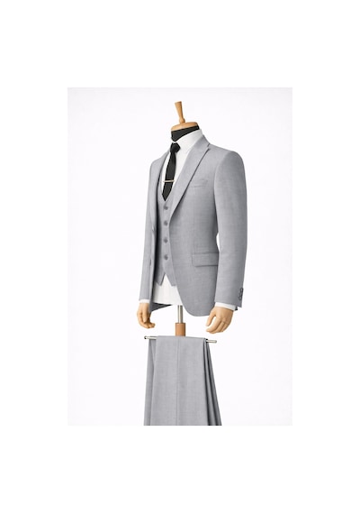 Erkek İtalyan Kesim Slim Fit Yelekli Takım Elbise - 7500 Açık Gri
