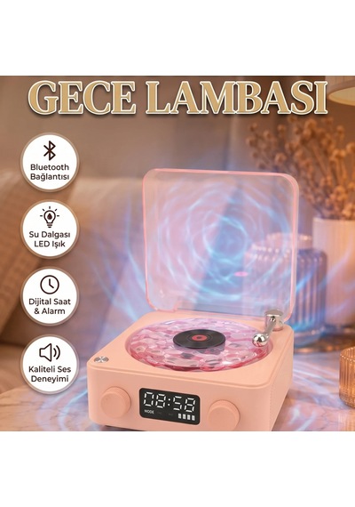 Bluetooth Hoparlörlü Dijital Saatli Su Dalgası Led Gece Lambası Şeffaf Dekoratif Hoparlör