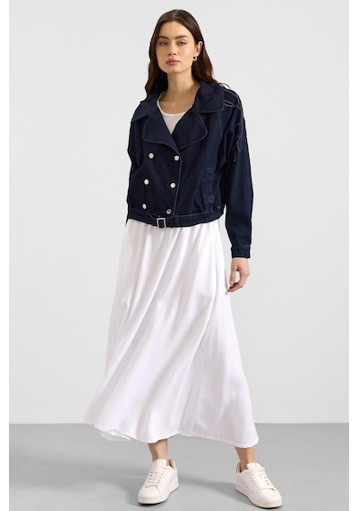 Olcay Kolu Boncuk İşlemeli Astarsız Denim Ceket Lacivert 8283