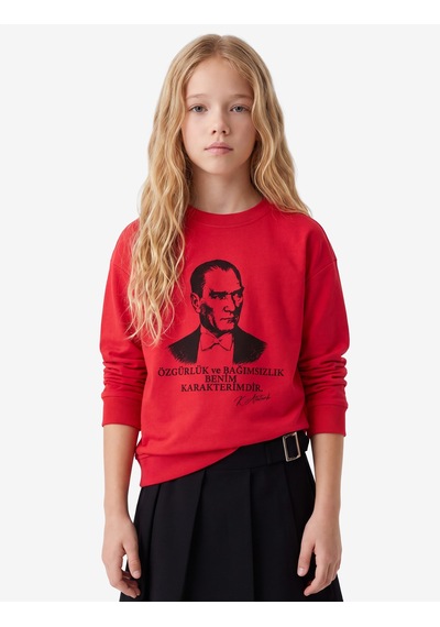 Koton Atatürk Baskılı Bisiklet Yaka Uzun Kollu Pamuklu Tişört Kırmızı 7wkg10711ak