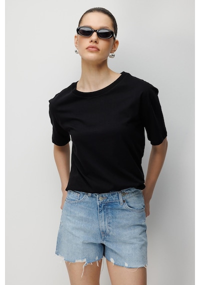 Mixray 4851 Kadın Oversize Fit Bisiklet Yaka Basic T-shirt Siyah Siyah