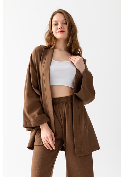 Zen Elegance Kadın Kimono Takım - Geniş Paça Keten Dokulu Alt Üst Yazlık Kadın Takım Kahve Zen Elegance Kadın Kimono Takım - Geniş Paça Keten Dokulu Alt Üst Yazlık Kadın Takım Kahve