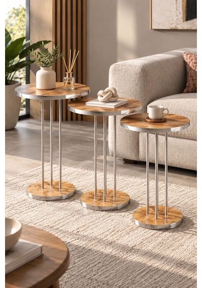 Sulorahome Ceviz Desenli Gümüş Metal Ayaklı 3'lü Zigon Sehpa Takımı