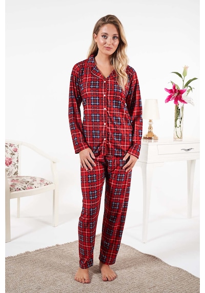 Remsa Kadın Süet Önden Düğmeli Pijama Takımı 25331 Kırmızı Kırmızı