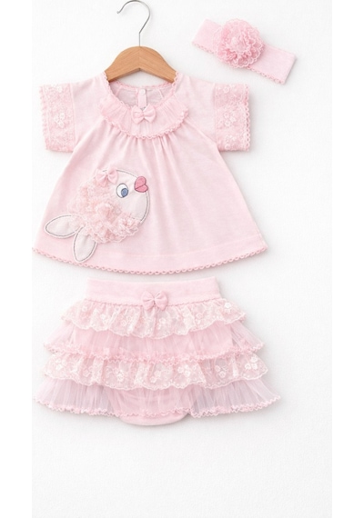 Kardeşler Bebe Balık Detaylı Kız Bebek Takım Dantelli Tütü Etek Ve Saç Bandı Set Pembe